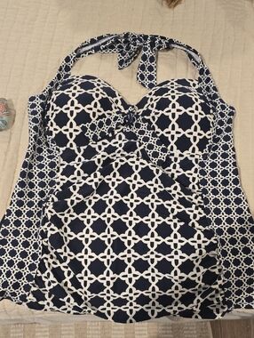 Merona Navy & White Halter Swim Top with Lattice Print